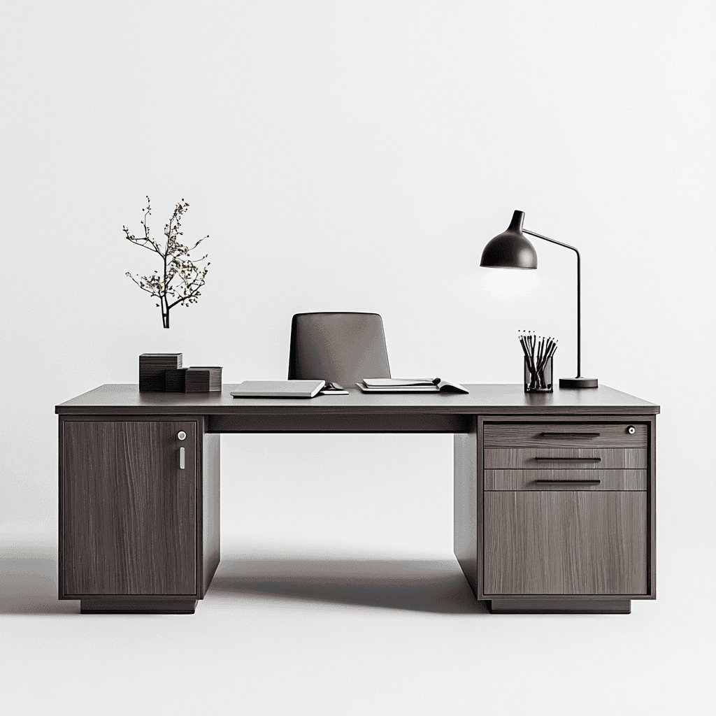 Schreibtisch mit Stuhl, Computer und weiteren Arbeitsmaterialien.