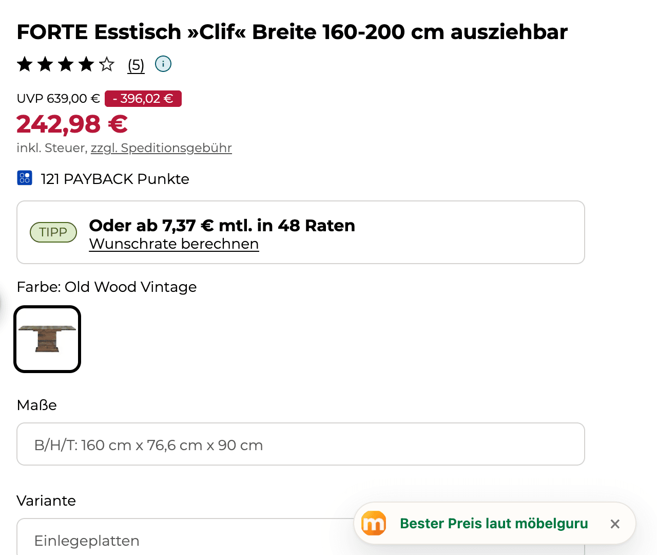 Ausschnitt der Baur-Produktseite eines Esstischs für 242,98 €, unten rechts die Zeile „Bester Preis laut möbelguru“