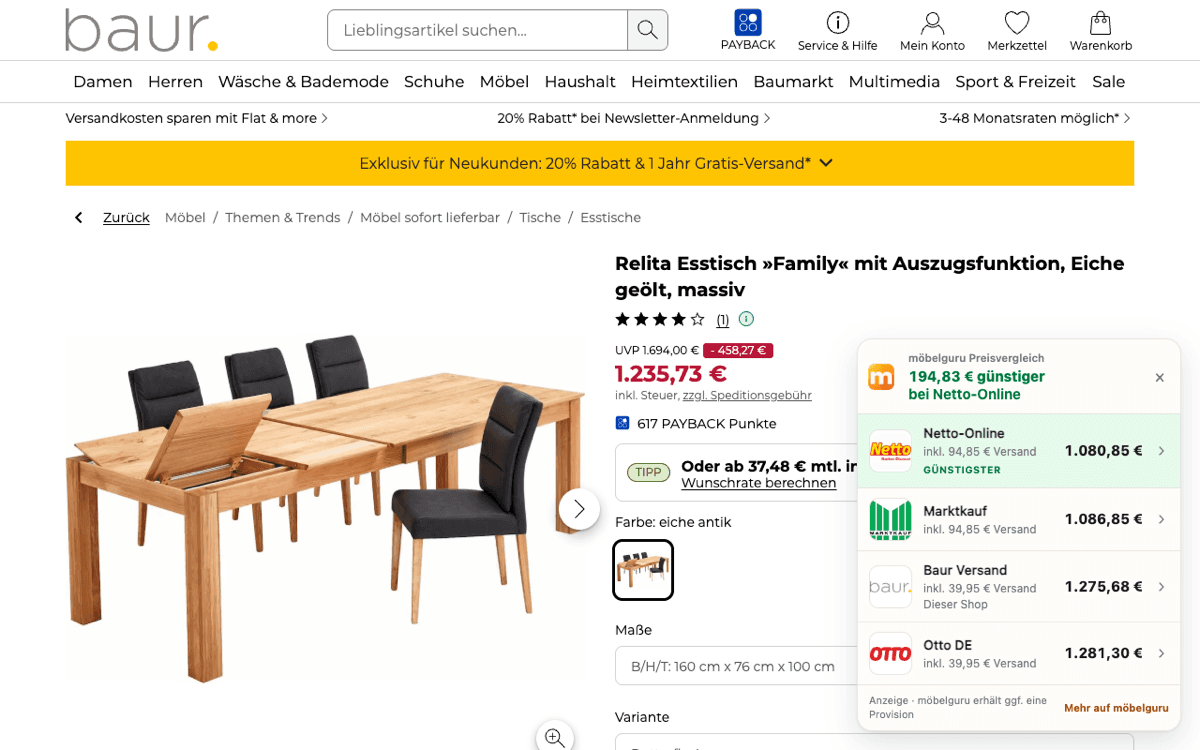 Produktseite eines Esstischs bei Baur, unten rechts die Karte der möbelguru Erweiterung