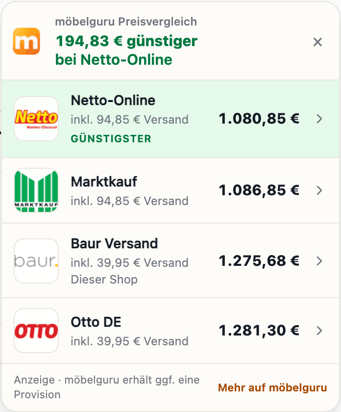 Karte der Erweiterung: 194,83 € günstiger bei Netto-Online, darunter vier Shops mit Gesamtpreis inklusive Versand