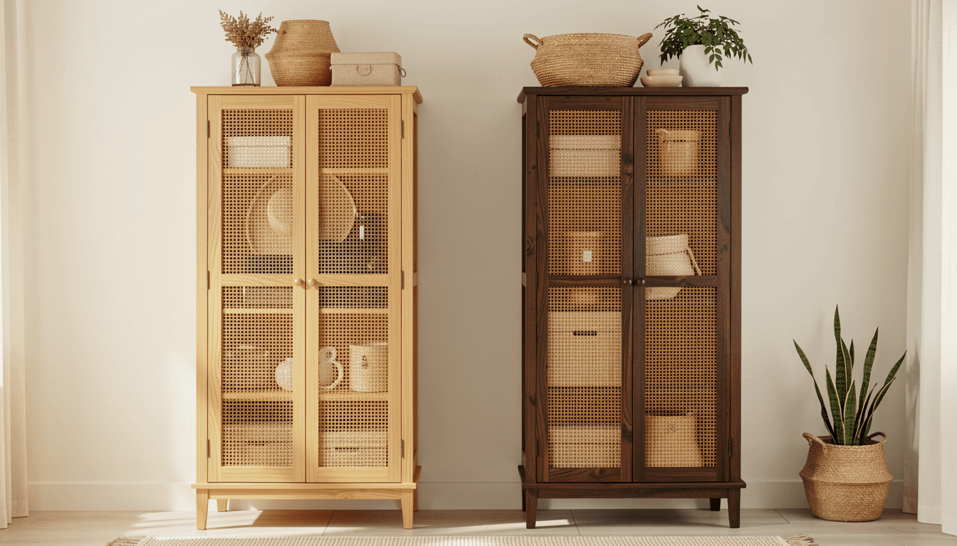 Boho Schlafzimmer mit weissem Daybett, Rattan-Kleiderschraenken und Bambus-Nachttischen in Erdtoenen