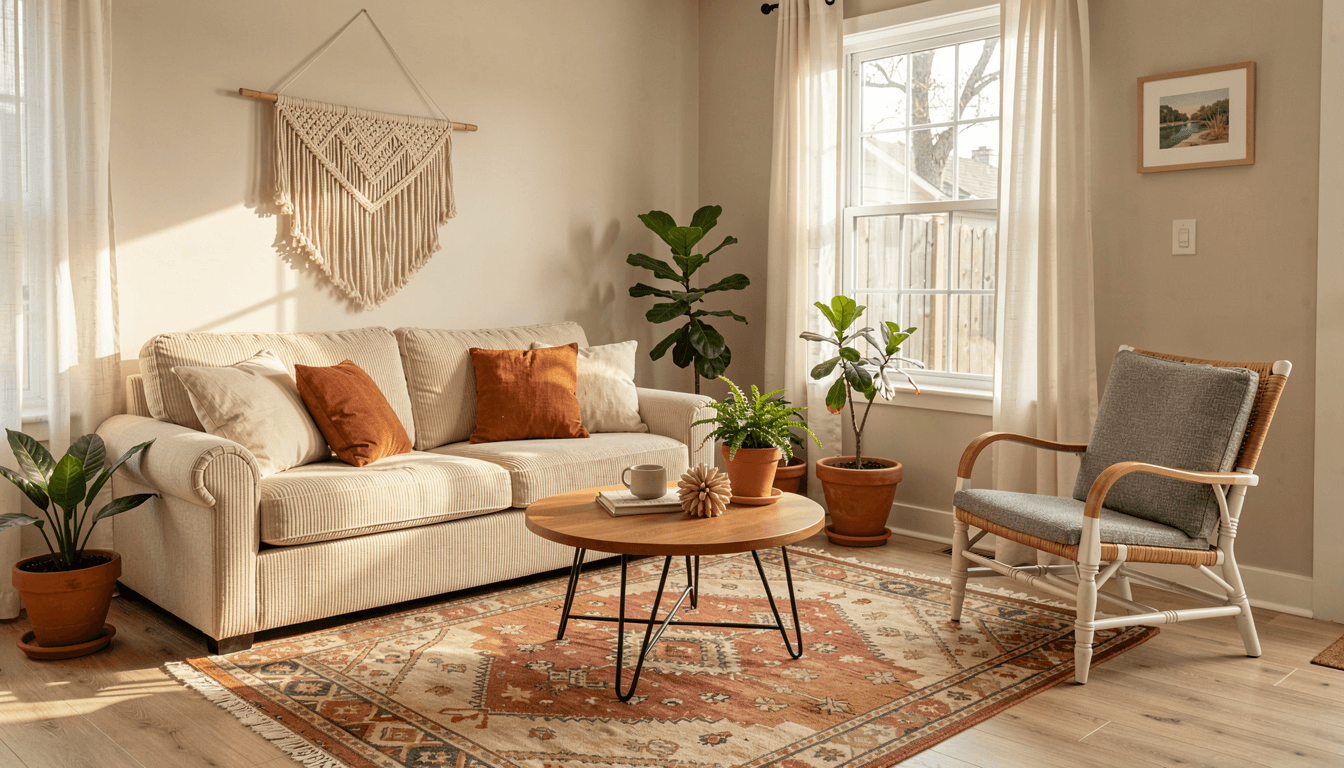 Boho Wohnzimmer mit Sahara-Cord-Sofa, Rattan-Sessel und Mangoholz-Couchtisch in warmen Erdtönen