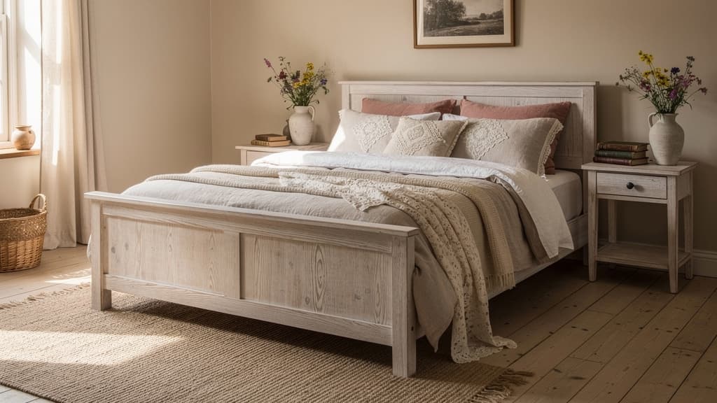 Cottagecore Schlafzimmer mit weissem Massivholzbett, Landhaus-Kleiderschrank und Vintage-Nachttischen
