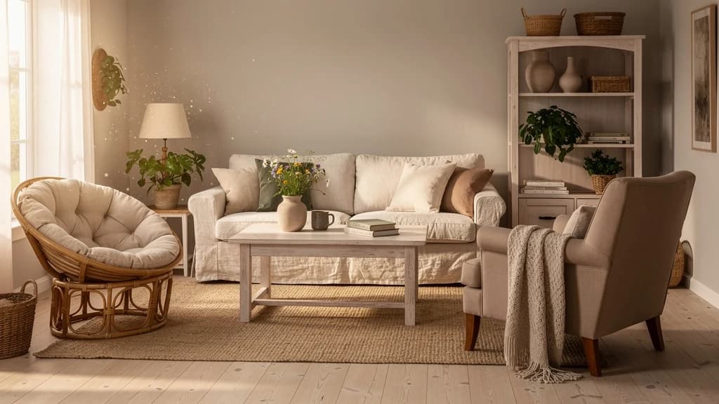 Cottagecore Wohnzimmer mit beigem Leinen-Schlafsofa, weissem Landhaus-Couchtisch, Rattansessel und Pinie-Regal