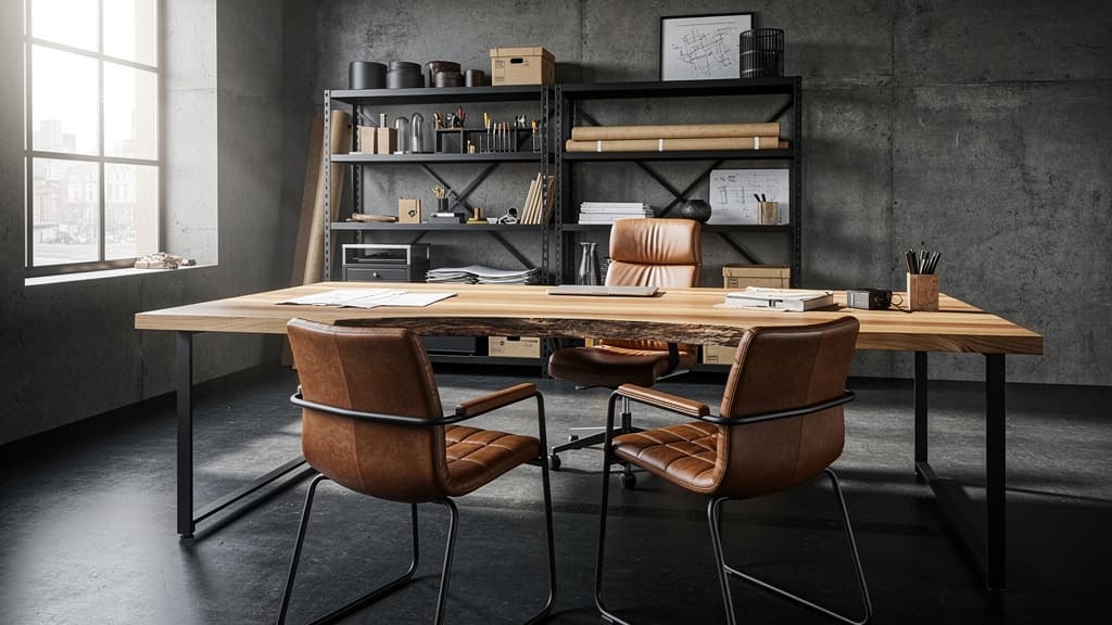 Industrial Home-Office mit Akazie-Schreibtisch, Echtleder-Drehstuhl und schwarzem Stahl-Regal