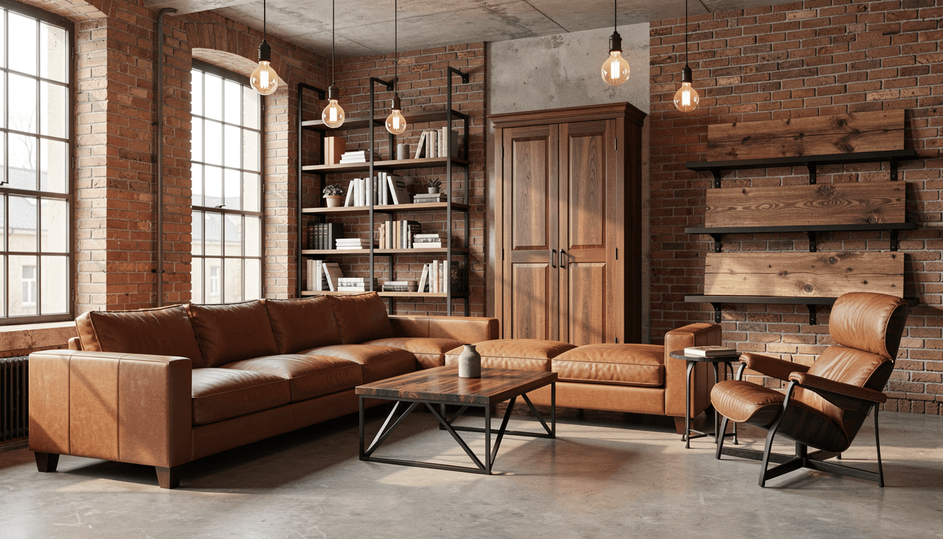 Industrial Loft Wohnzimmer 35 qm mit L-Sofa Cognac, Sheesham-Couchtisch und 220cm Buecherregal