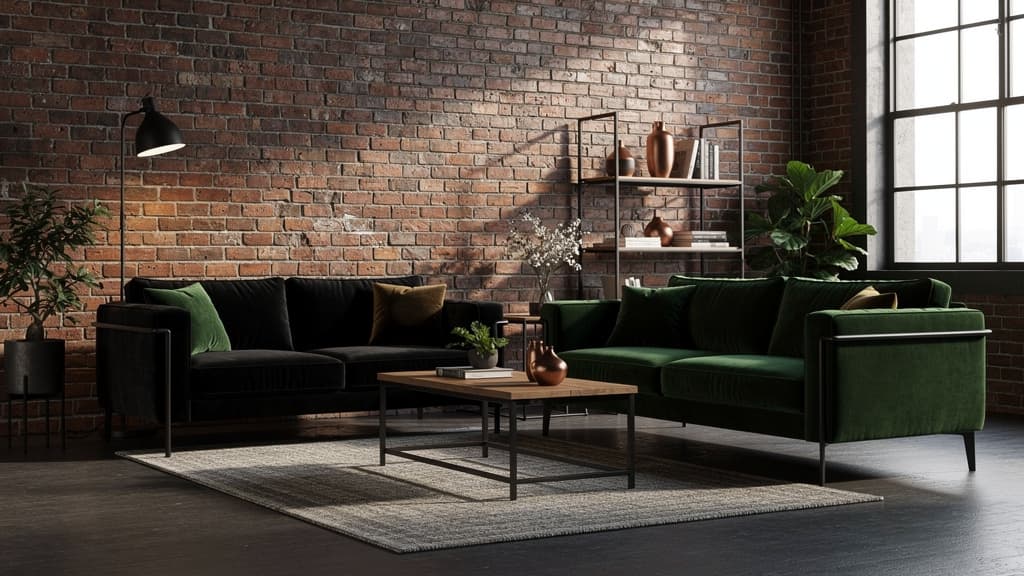 Industrial-Vintage Loft Wohnzimmer 30qm mit gruenem Velours-Sofa und schwarzem Samt-Sofa Crossover-Mix