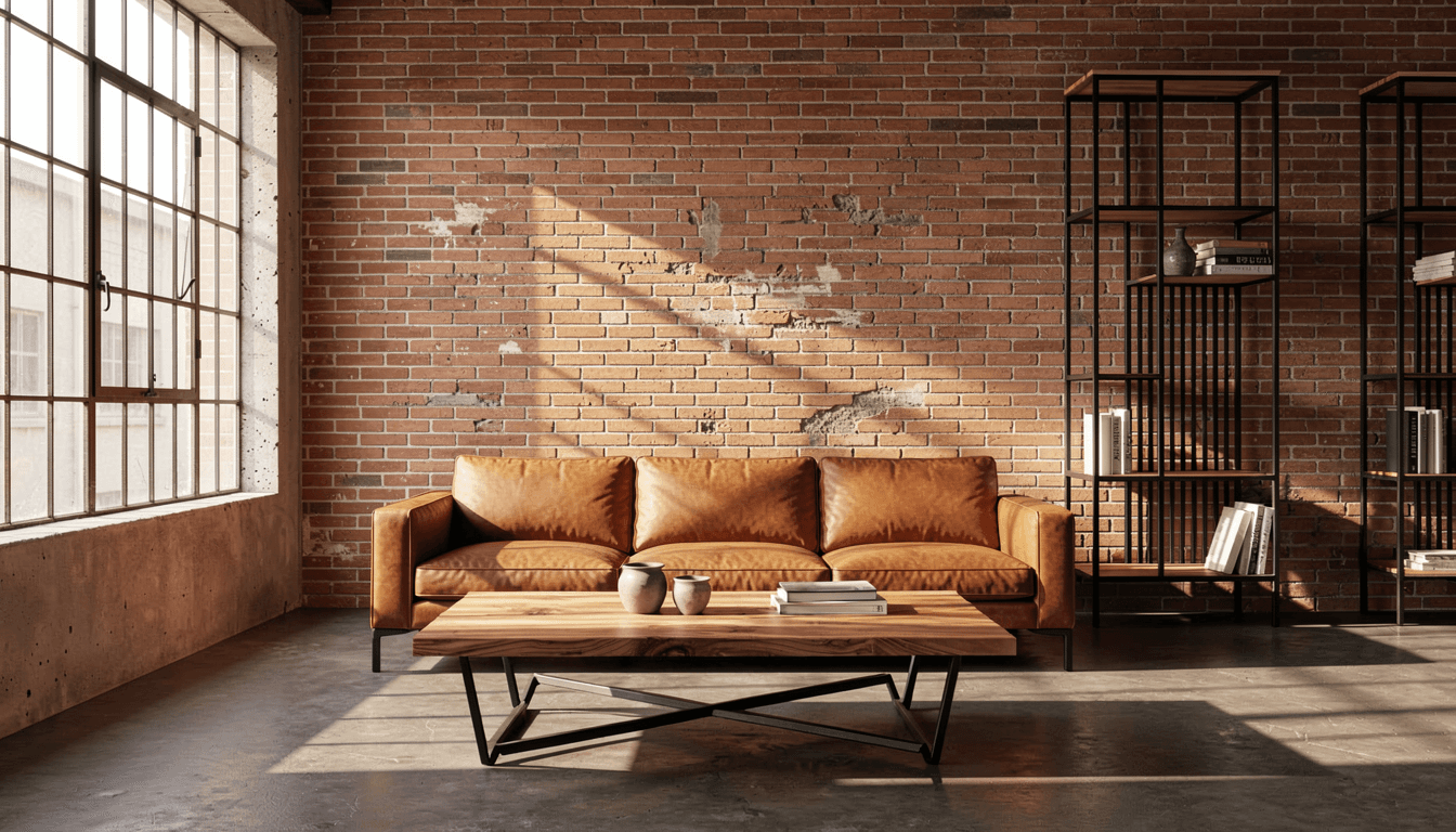 Industrial Wohnzimmer mit Lederfaser-Sofa, Massivholz-Couchtischen und schwarzen Metall-Regalen