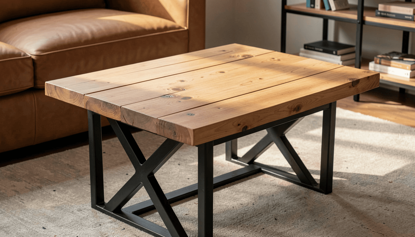 Nahaufnahme des RAILWAY Massivholz-Couchtischs mit X-Stahlbeinen und Sofa-Kante