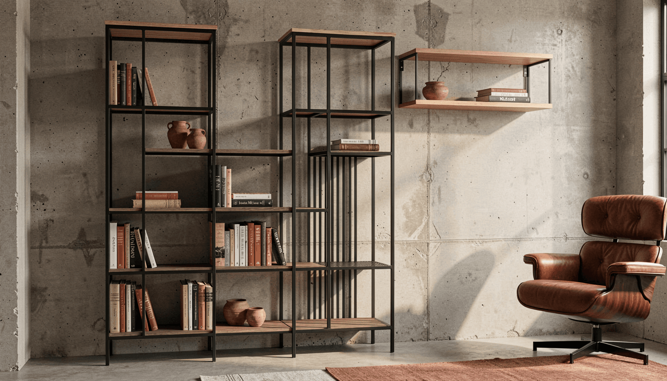 Porto-Regal mit offenen Holzböden und Stahl-Rahmen vor Beton-Wand