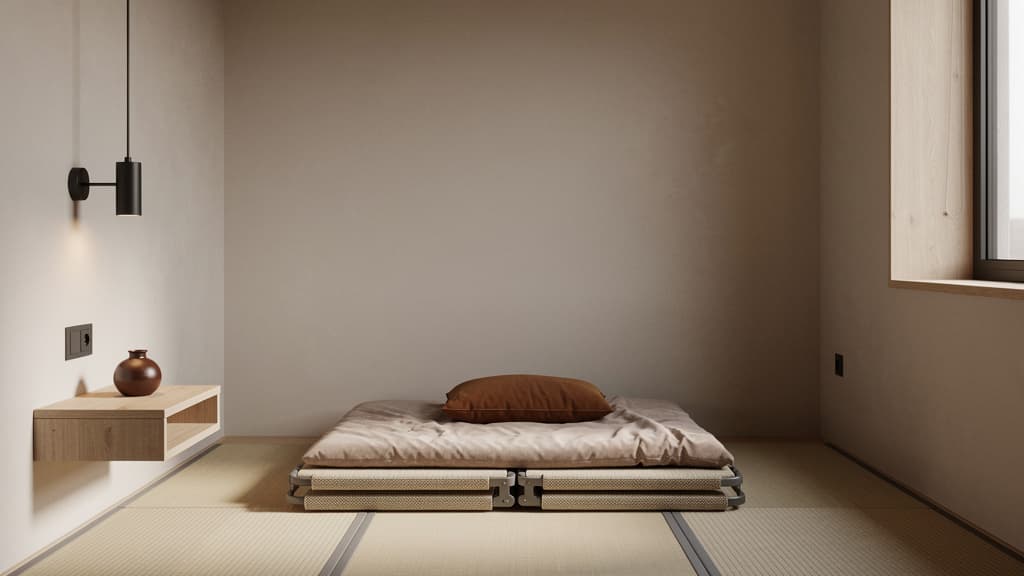 Mini Japandi Schlafzimmer 9 qm mit niedrigem Eiche-Massivholzbett und wandhaengendem Nachttisch