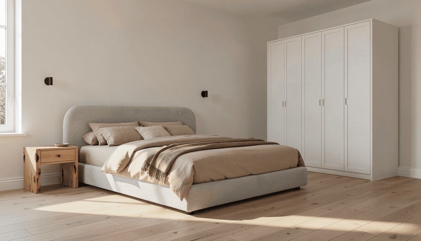 Japandi Schlafzimmer mit niedrigem Bouclé-Bett, Kernbuche-Nachttischen und Kaschmir-Kleiderschrank in warmen Sandtönen