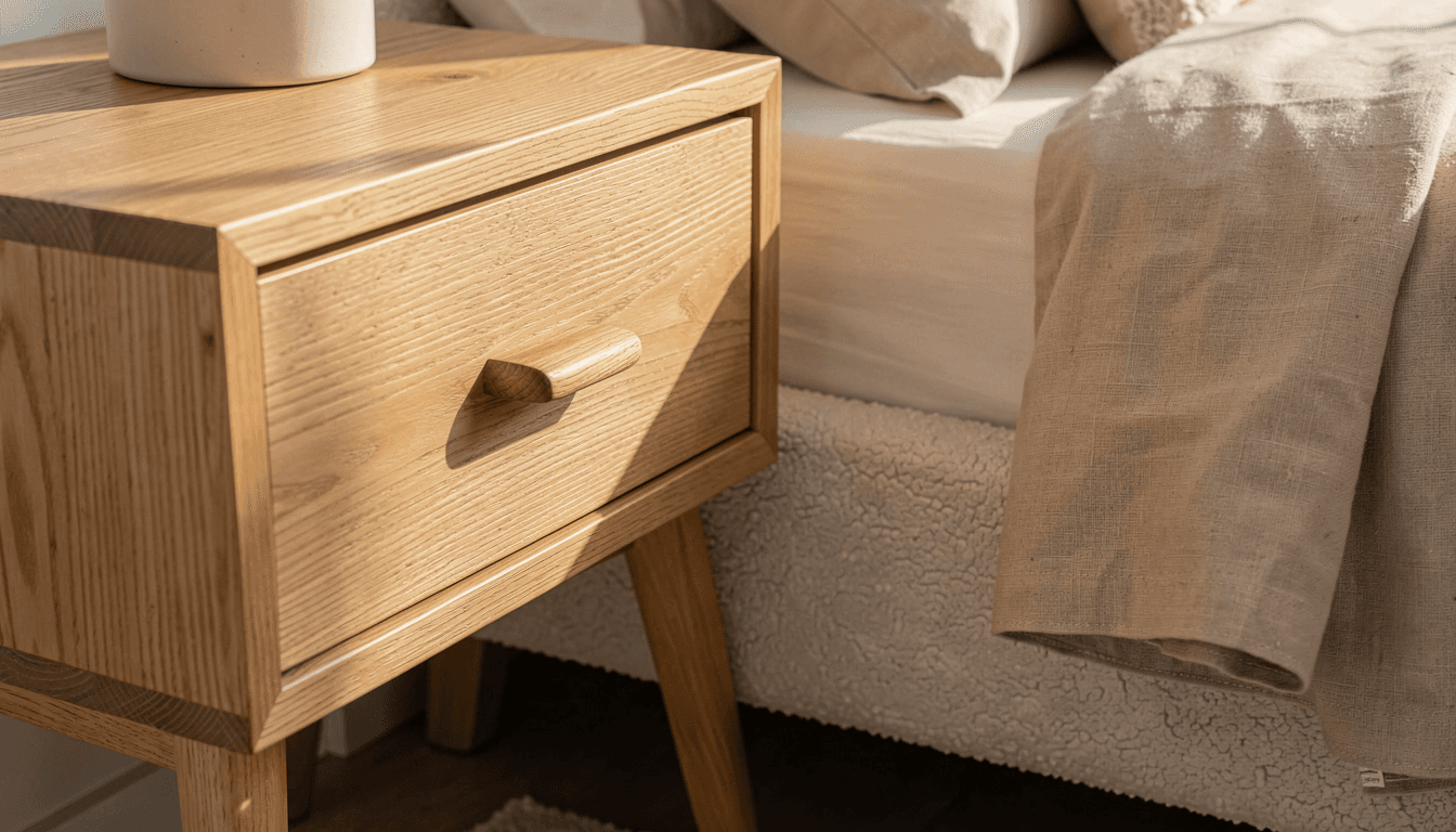 Nahaufnahme des Kernbuche-Nachttischs mit Leinen-Bettwäsche und Bouclé-Bettrahmen