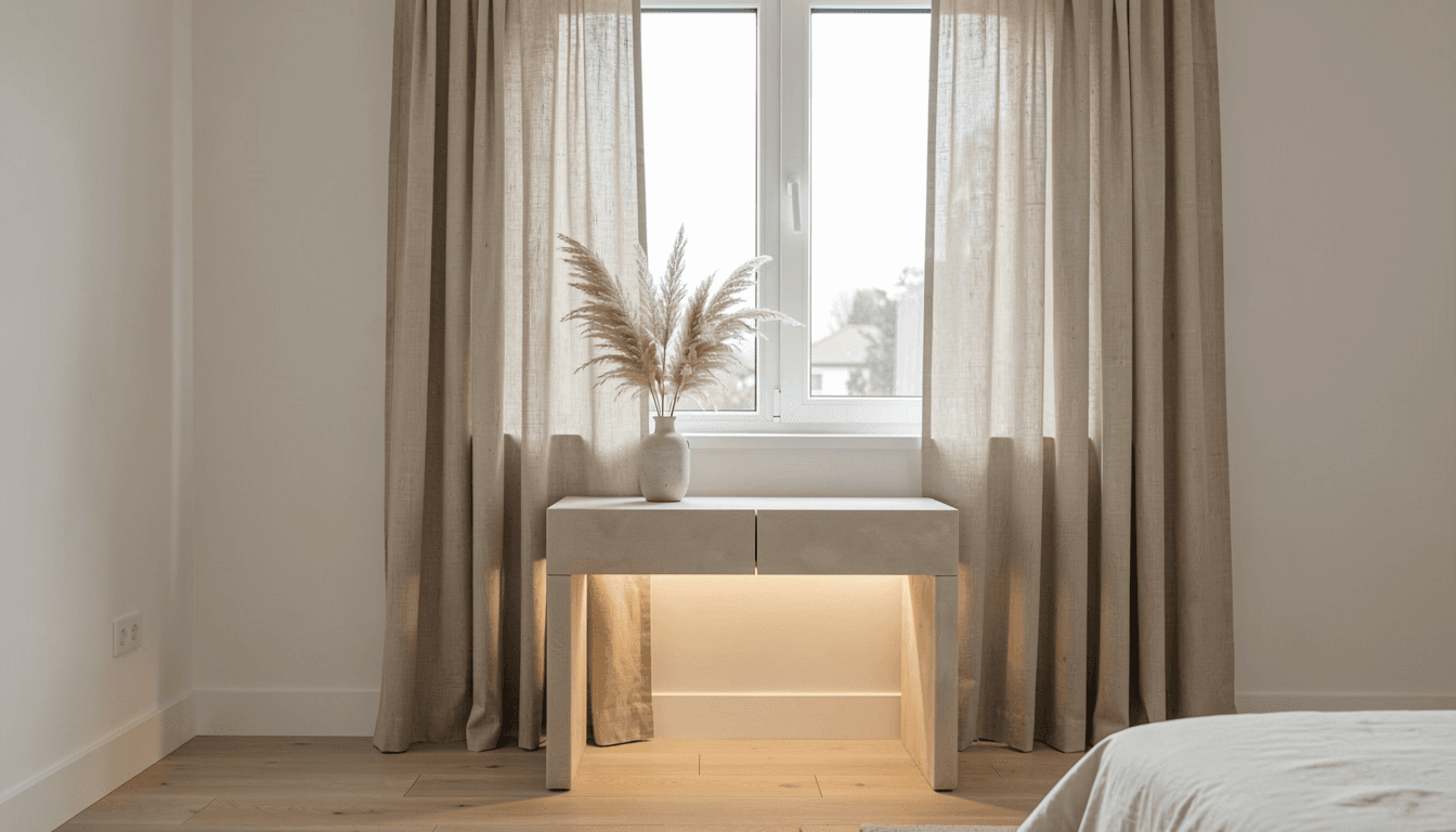 Fensterwand mit Lookway LINA Konsole, Keramikvase und Leinen-Gardine in Sand