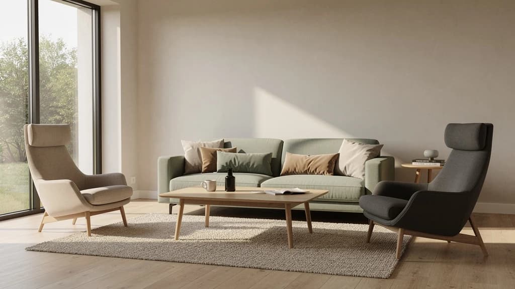 Japandi Wohnzimmer mit hellgrauem Stoffsofa, Kernbuche-Couchtisch, Rattan-Sessel und Eiche-Regalen in einem warm beleuchteten Raum mit Shoji-artiger Lichtstimmung