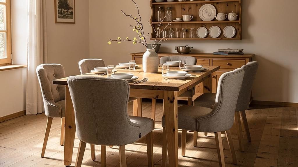 Landhaus Esszimmer mit Pinie-Esstisch HAMPTONS und vier Stuhl-Sets in cremeweiss und beige