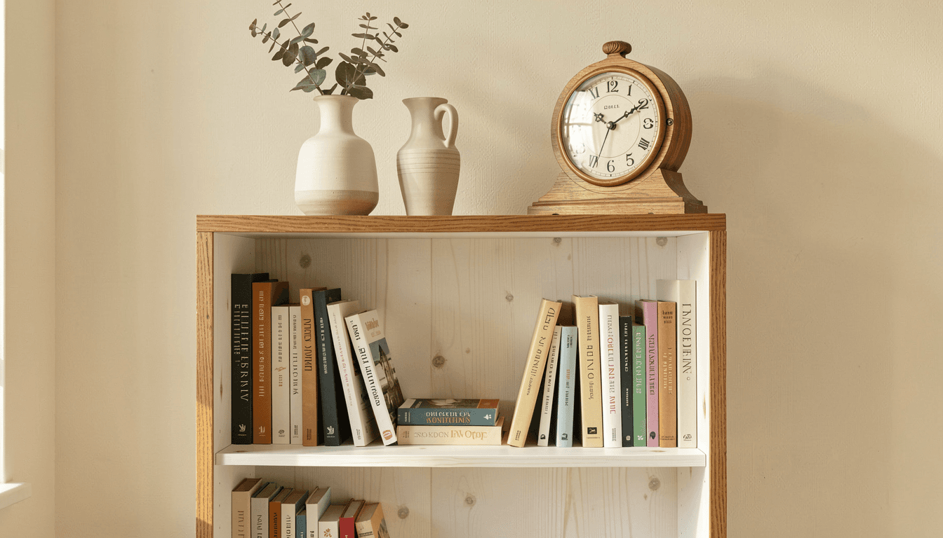 Landhaus Wohnzimmer mit Mocca-Sofa, Pinie-Regal, Kiefer-Konsole und Rattan-Sesseln in cremeweissen Erdtoenen