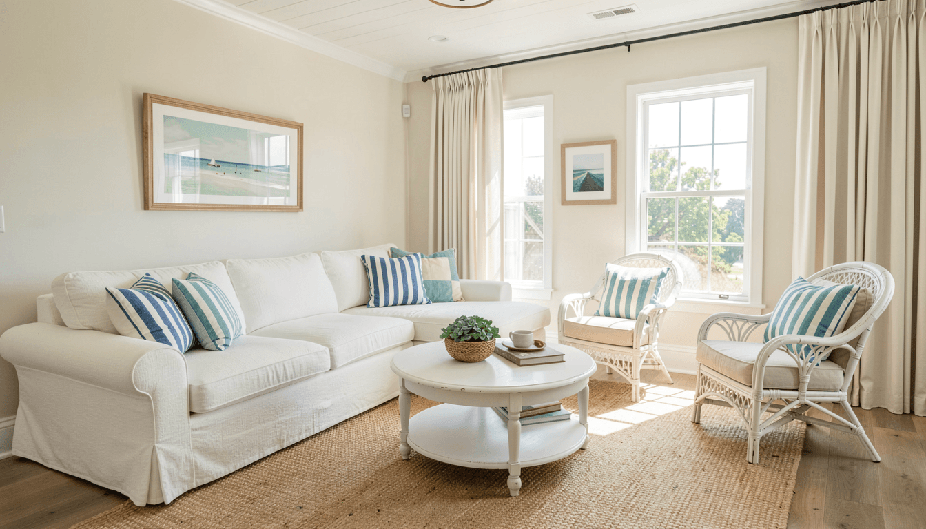 Maritim Wohnzimmer mit weissem Big-Sofa, Creme-Ecksofa und Rattansesseln in Coastal-Atmosphaere