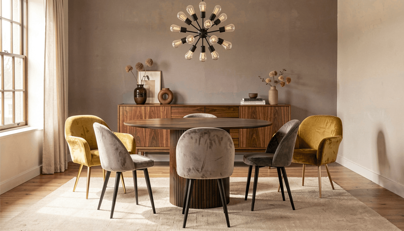 Mid-Century Esszimmer mit 120x120 Walnuss-Tisch, Samtstühlen in Grau-Braun und Altrosa-Akzentstuhl