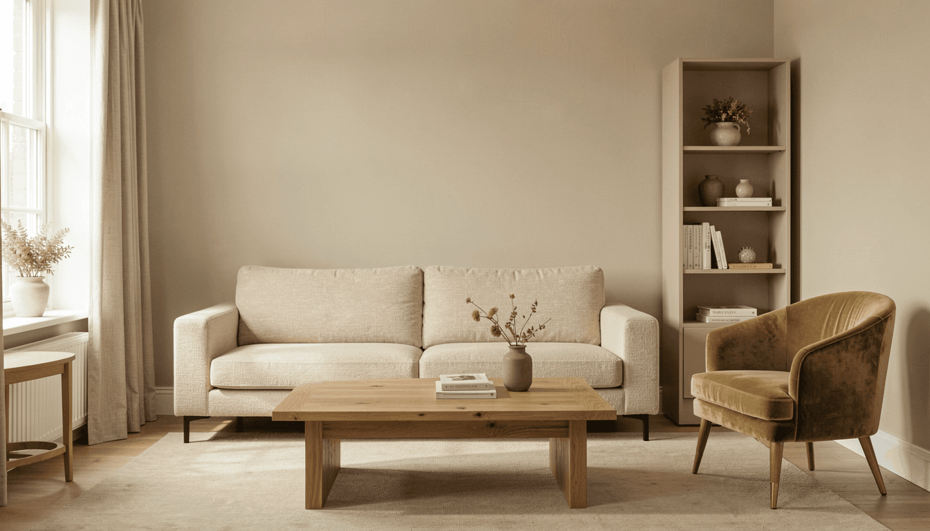 Modern Klassisches Wohnzimmer mit Beige-Chenille-Sofa, Eiche-Couchtisch und Goldsamt-Akzentsessel