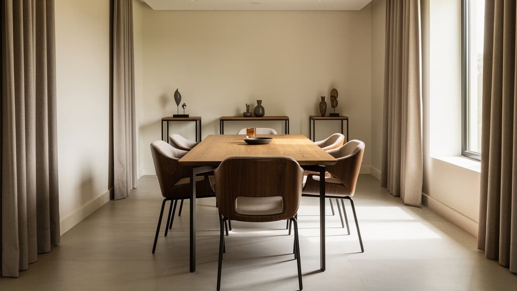 Modern Klassisches Esszimmer Schlauchraum 3x6m mit Eiche-Esstisch und sechs Stoffstuehlen laengsseitig