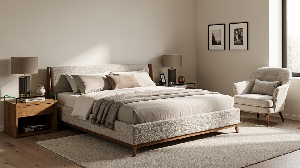 Modernes Schlafzimmer mit beigem Boucle-Boxspringbett, Eiche-Nachttischen und weissem Eiche-Kleiderschrank