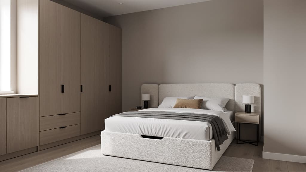 Modernes Schlafzimmer Neubau 14qm mit Boucle-Polsterbett FLAV und 185cm Kleiderschrank Barcelona