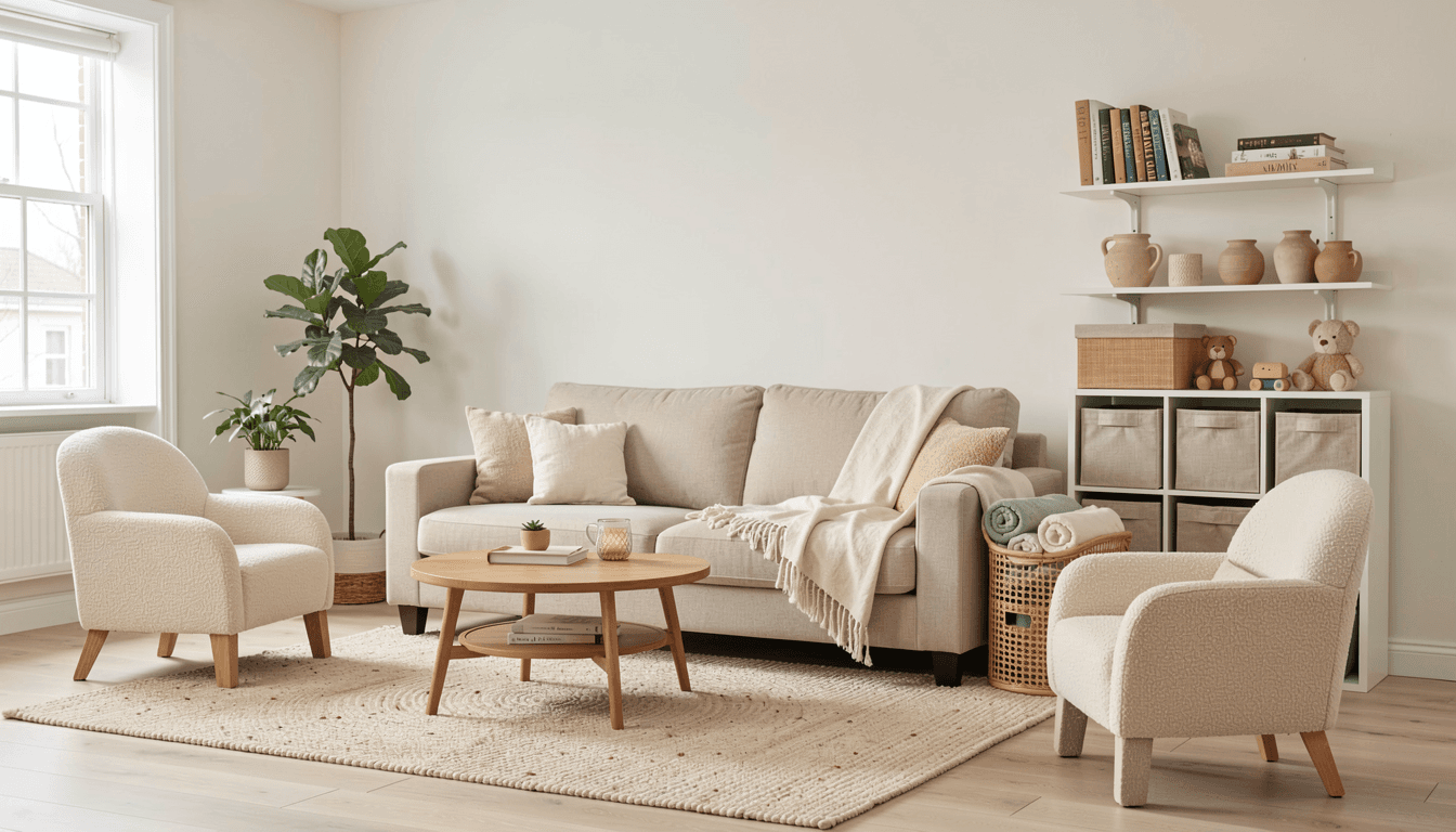 Skandi-Boho Familien-Wohnzimmer 25qm mit Cord-Sofa beige, runder Eiche-Tisch und VICCO Wuerfelregal