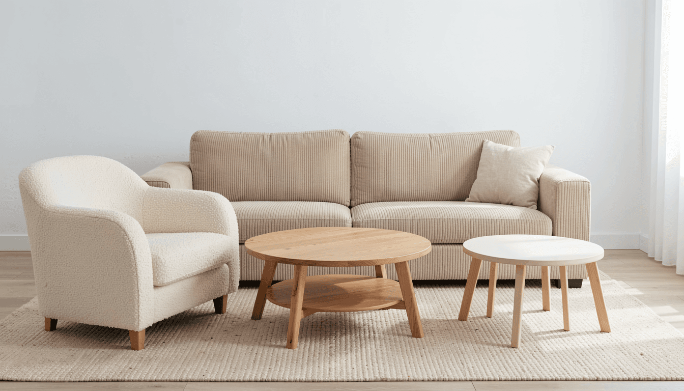 Sitzzone mit Boucle-Sessel Dinah beige und MCW L83b cremeweiss vor Mistral-Wandregal