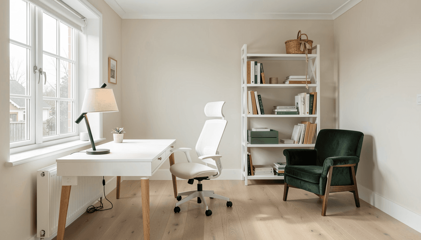 Skandinavisches Home-Office mit weißem Schreibtisch auf Eiche-Beinen, Ergonomie-Bürostuhl und Pinie-Regalen