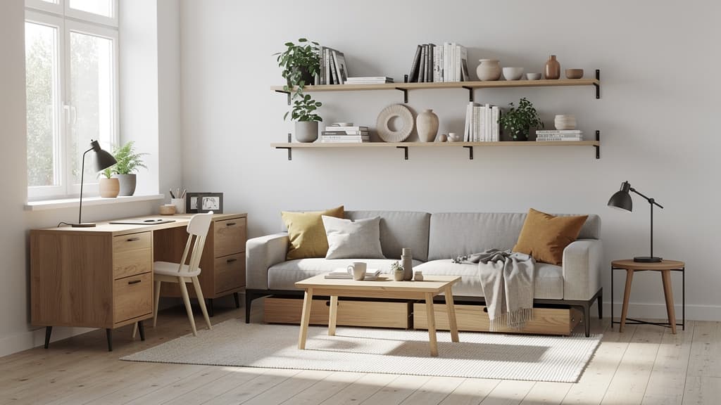 Kleines Skandinavisches Wohnzimmer 12 qm mit dunkelgrauem Schlafsofa und Eiche-Wandregalen