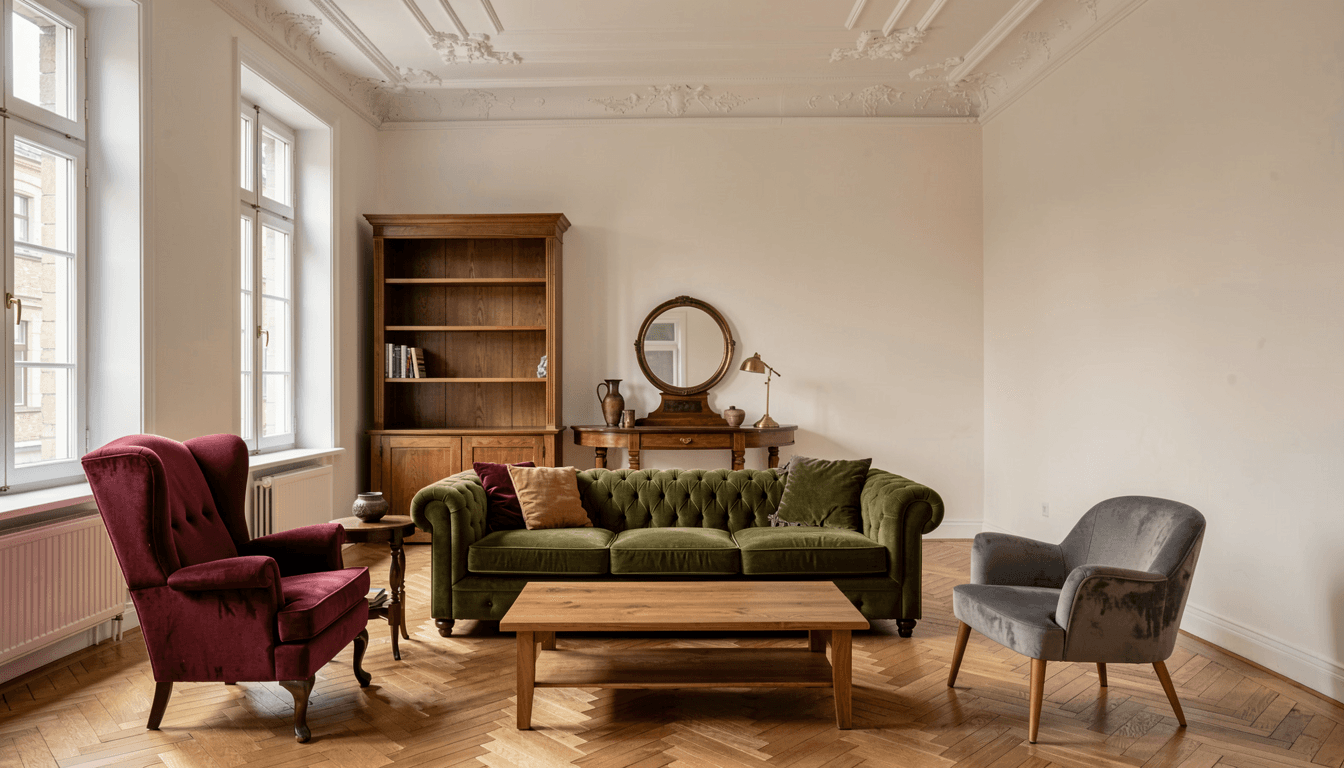 Vintage Altbau-Wohnzimmer mit olivgruenem Chesterfield-Sofa, Stuckdecke und 220cm Buecherregal