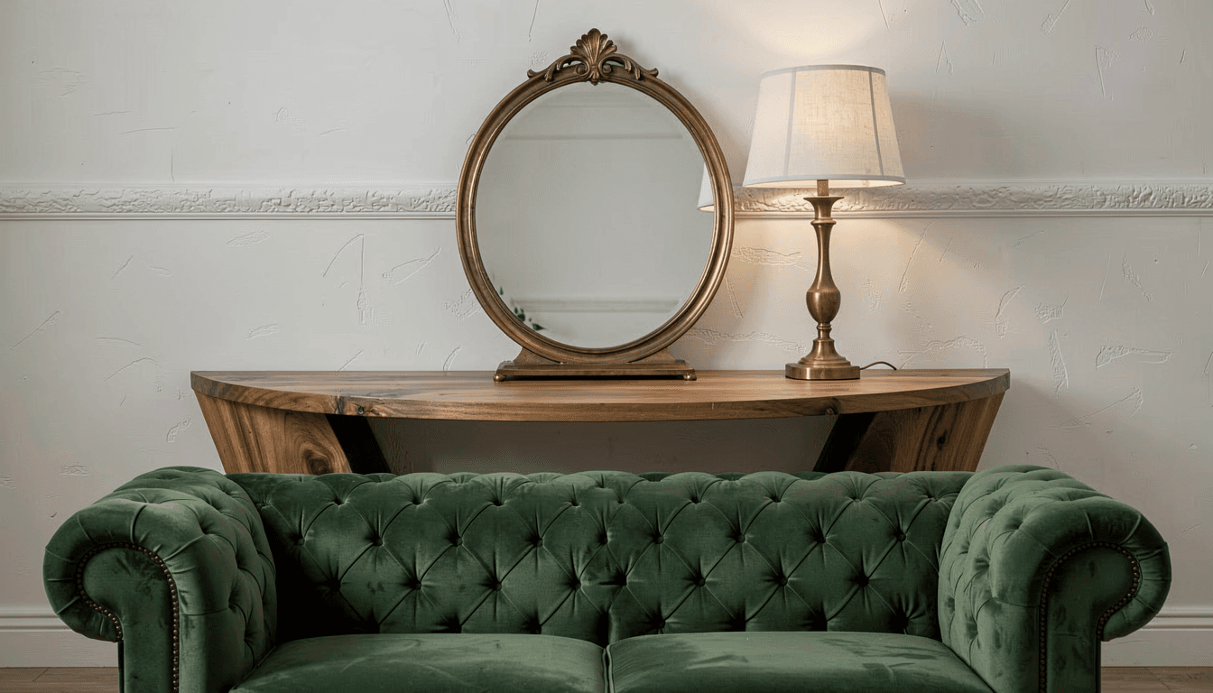 Halbmond-Konsolentisch hinter dem Chesterfield mit gelehntem Statement-Spiegel