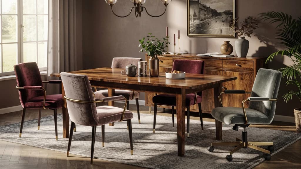 Vintage Esszimmer mit walnussbraunem Massivholz-Esstisch und sechs Samt-Stühlen in Altrosa, Champagner und Cognac, warm beleuchtet
