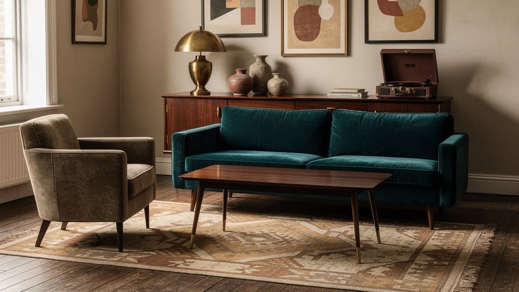 Vintage Wohnzimmer mit Petrol-Velvet-Sofa, Akazie-Couchtisch und Cord-Sessel in warmen Erdtoenen