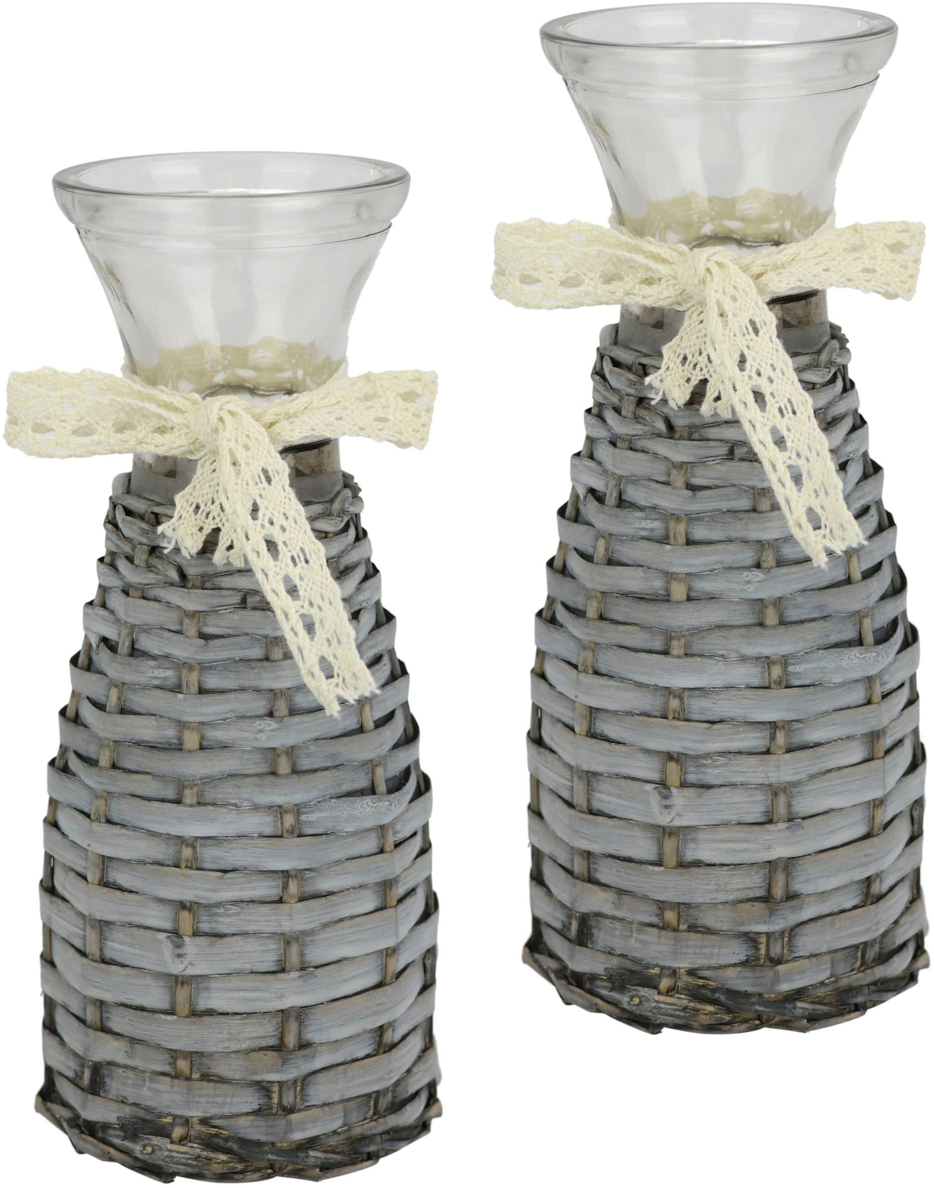 I.GE.A. Dekovase Glasvase 2er Set mit Weidekorb und Spitze Rattangeflecht Vintage Blumenvase