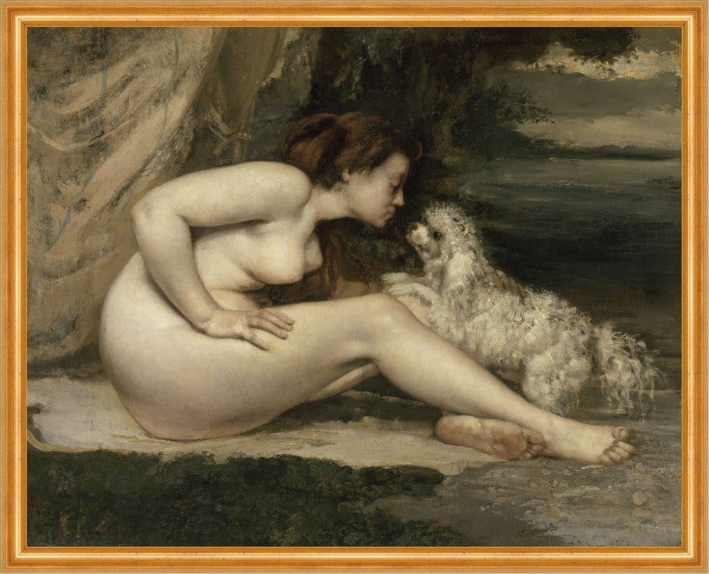 BillerAntik Kunstdruck Gustave Courbet Nackte Frau mit Hund gerahmt