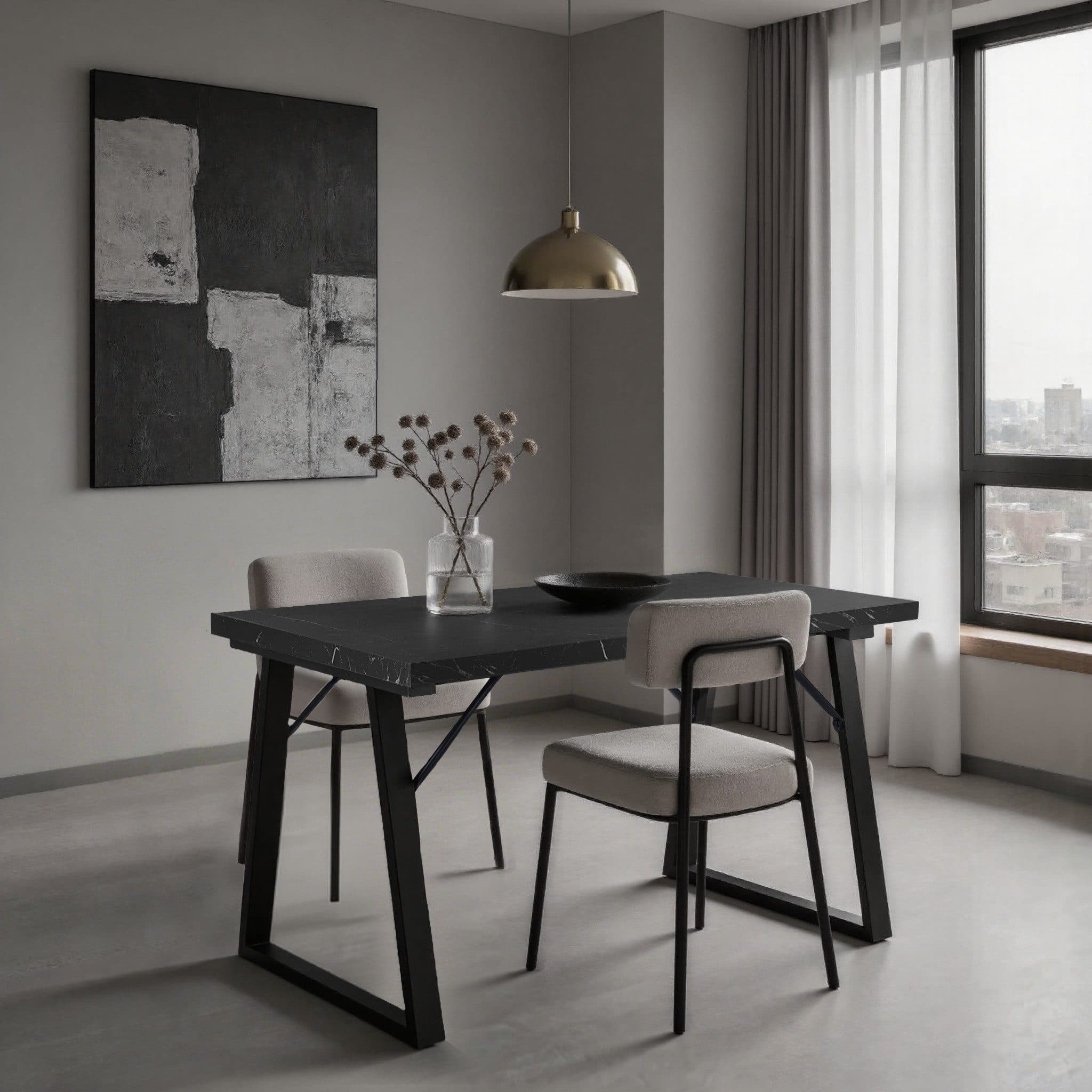 HOMAVO Esstisch MDF mit Marmoroptik, Schwarz Metallgestell