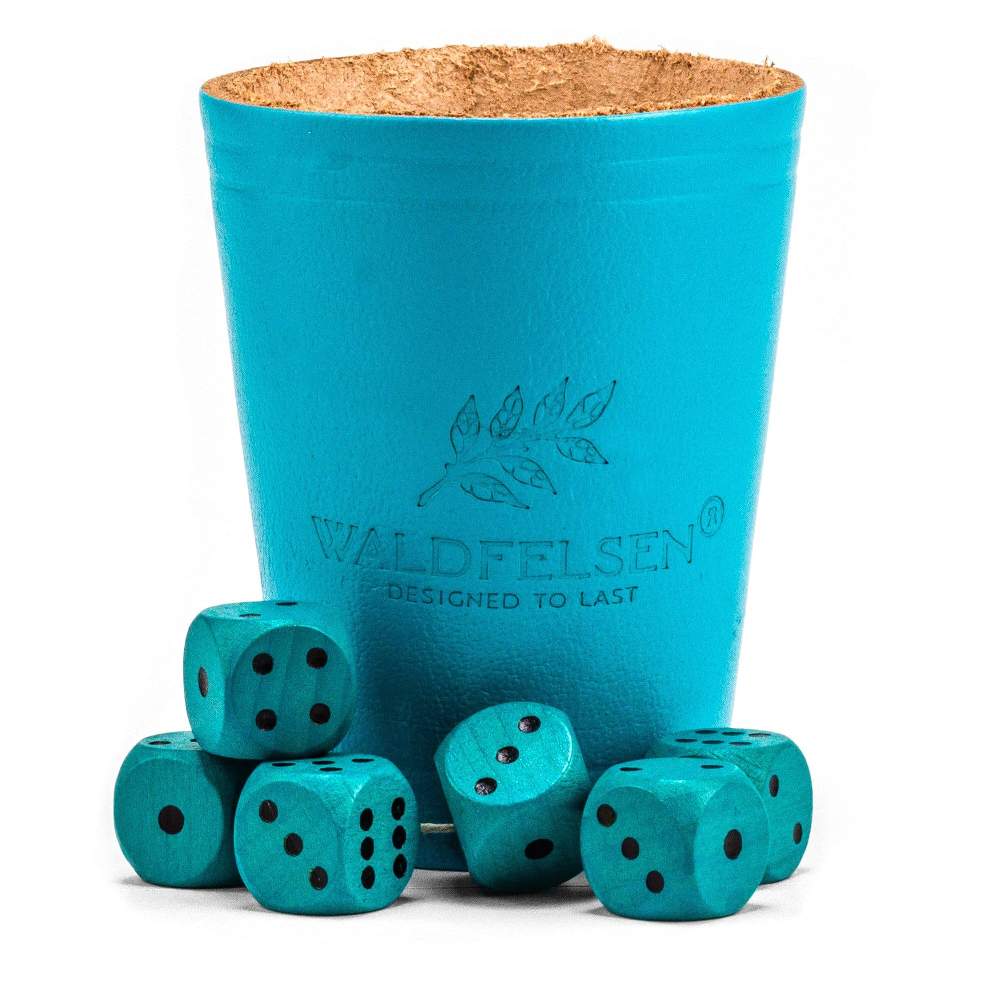 Waldfelsen Spiel Würfelbecher Echtleder mit 6 Buchenholz-Würfeln Türkis