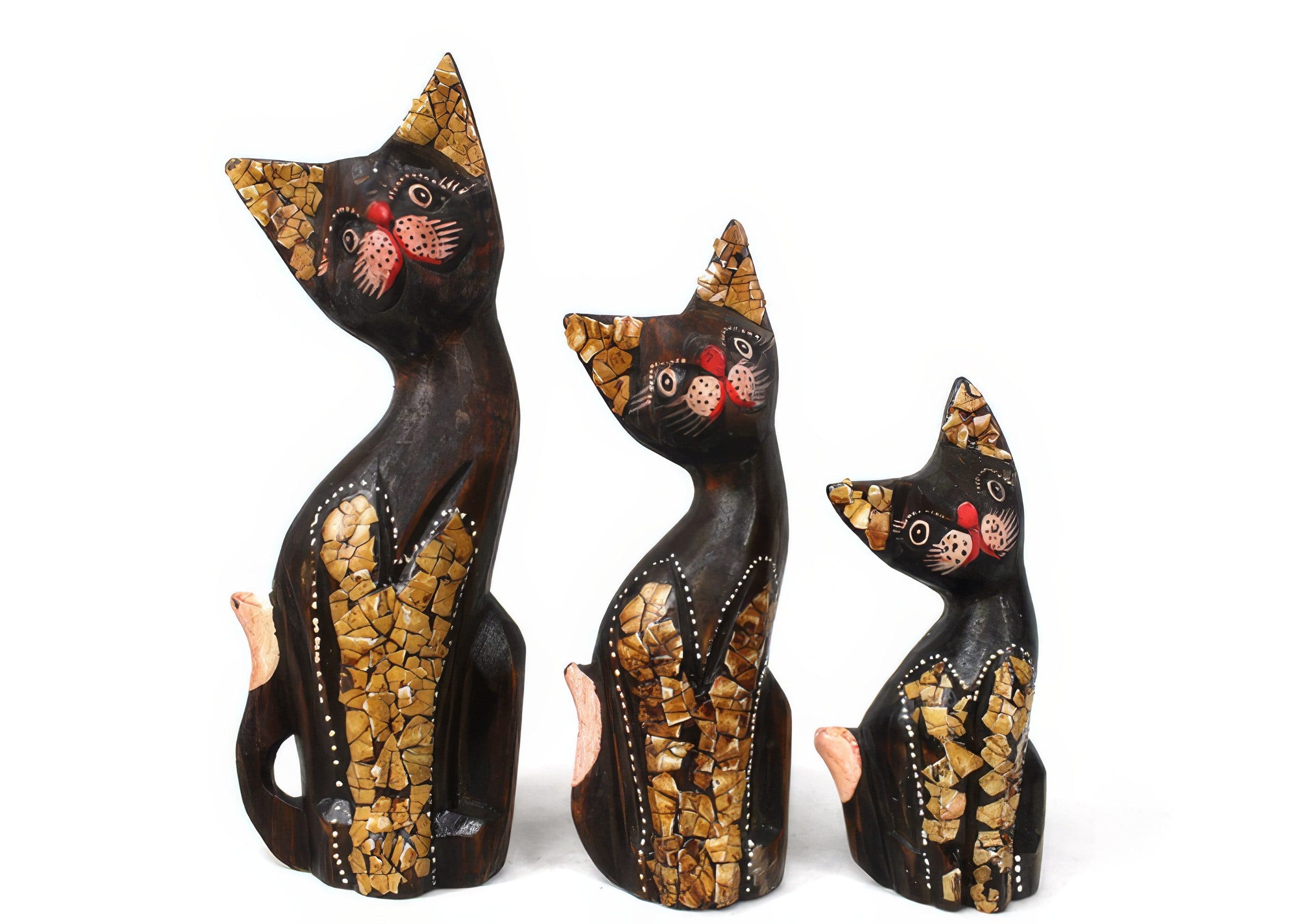 Yudu Katzen Dekofigur 3er Set Holz Kunsthandwerk Dekoration Handarbeit
