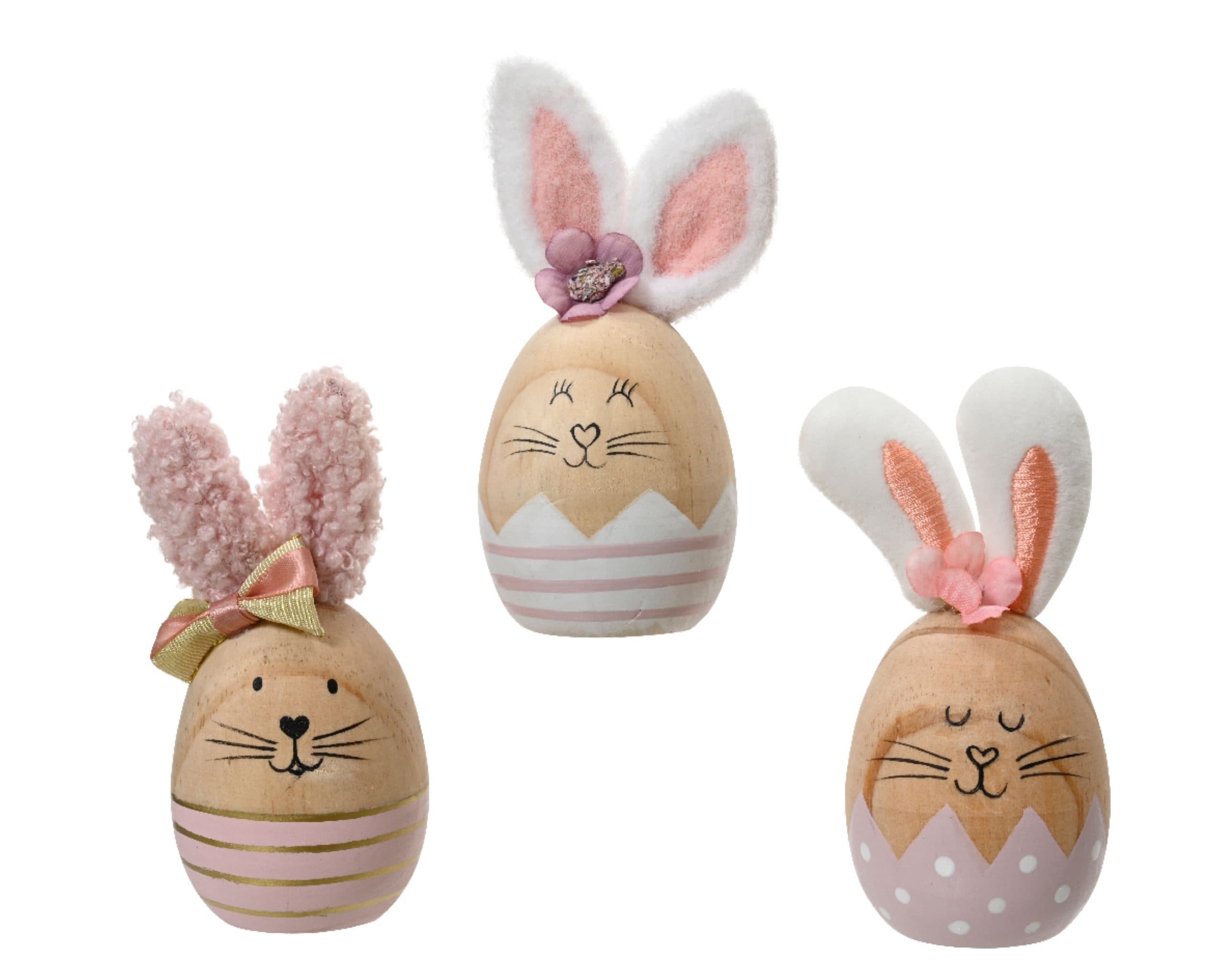 Decoris Osterfigur Osterhase 12,5cm Holz Natur/Weiß/Rosa