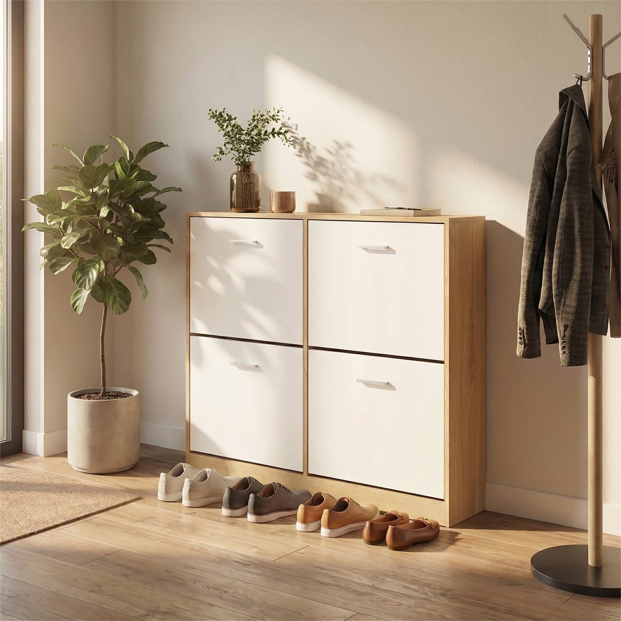VASAGLE Schuhschrank 4 Klappen Weiss Beige Platz für 28 Paar