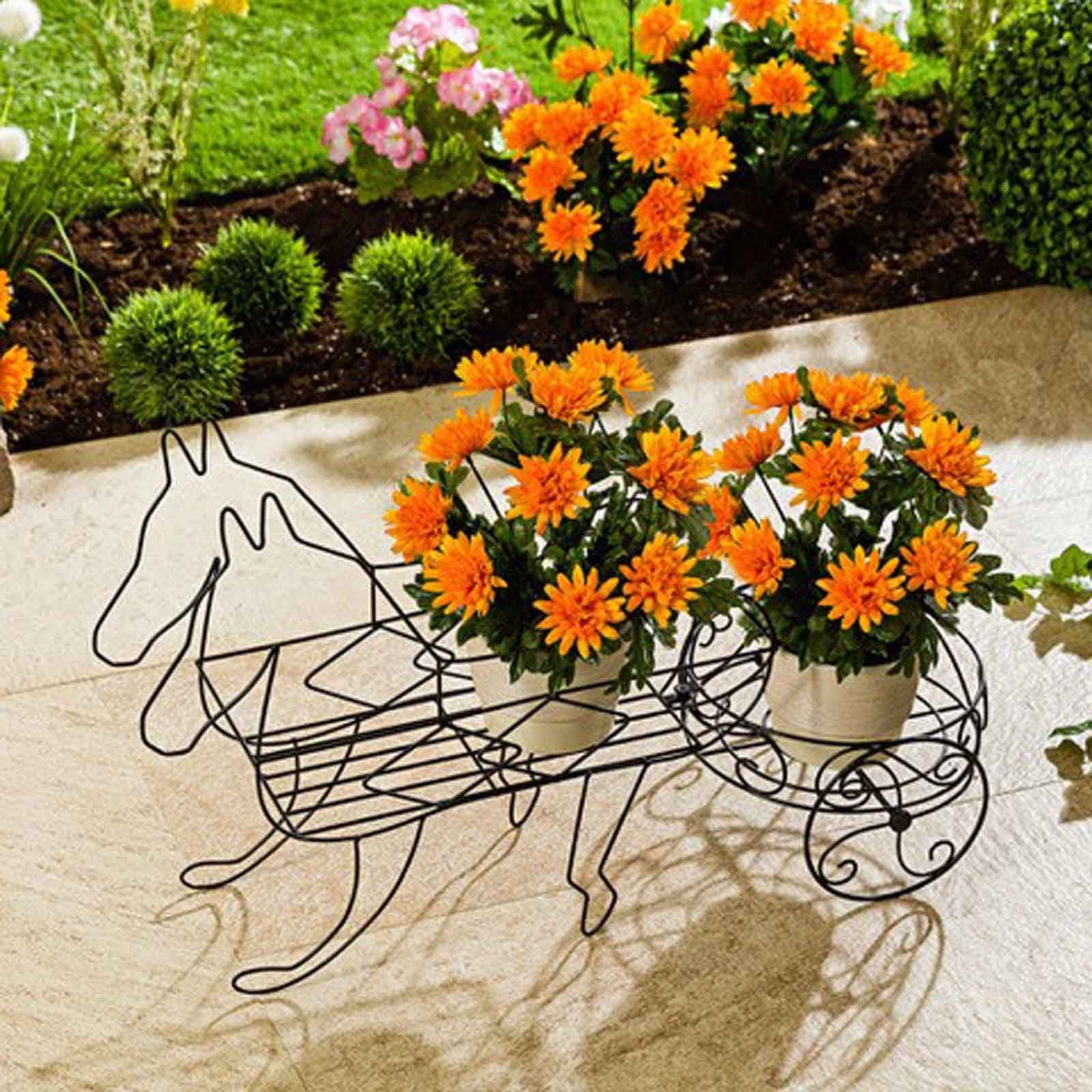 HAC24 Blumenständer Pferdekutsche Metall Schwarz Deko