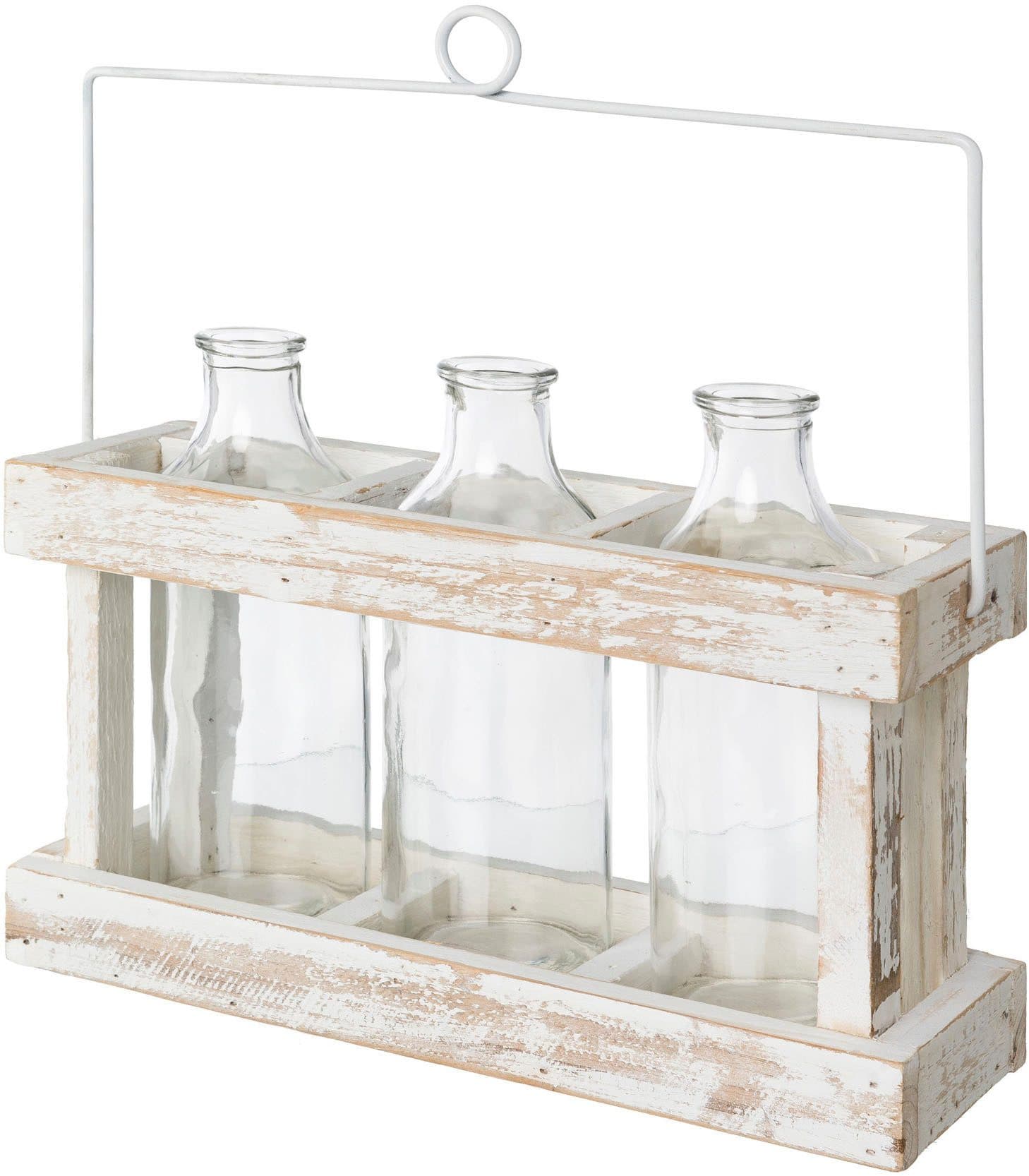 Creativ home Dekovase Holzbox mit 3 Glasflaschen