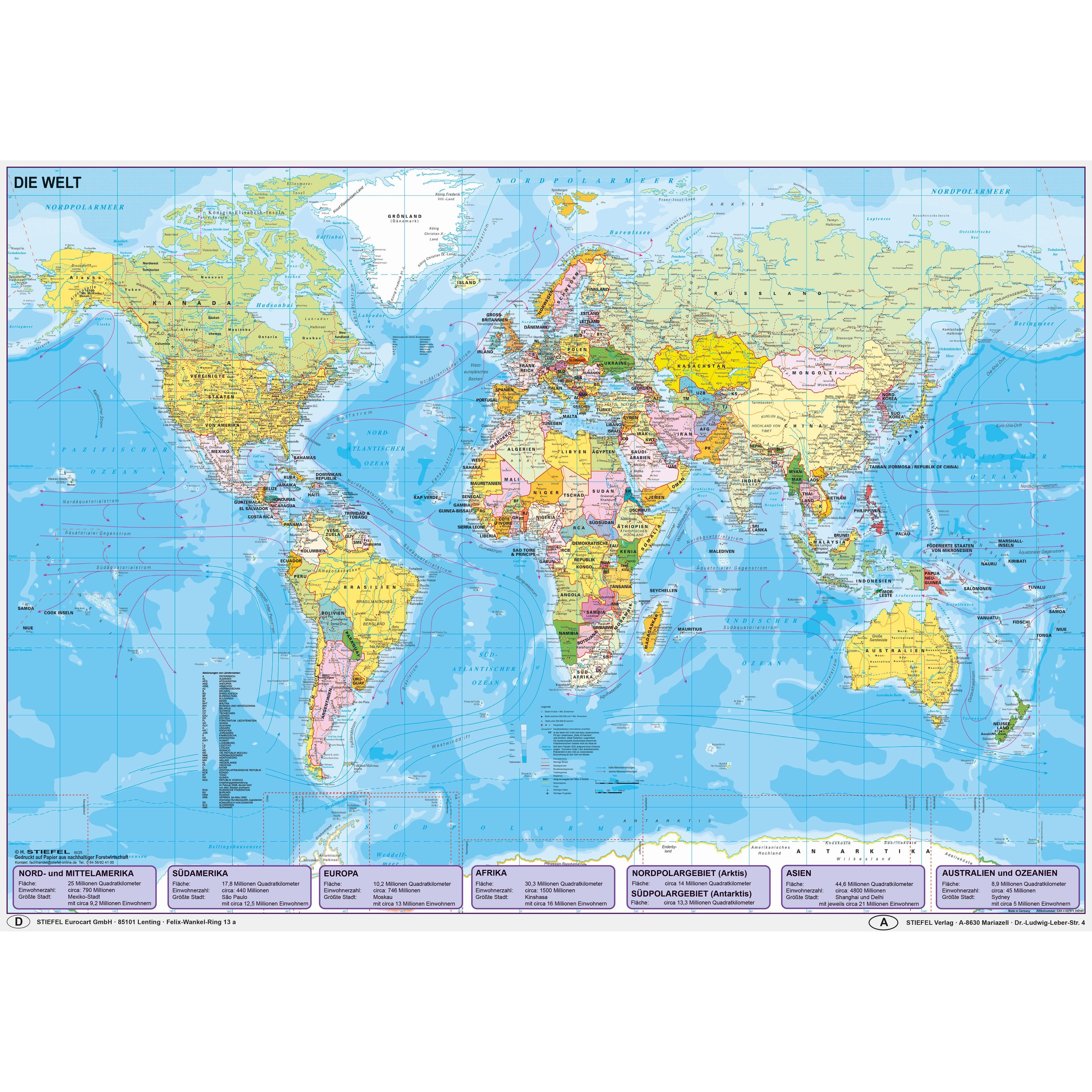 STIEFEL Politische Weltkarte Poster Deutsch Lernposter Bunt