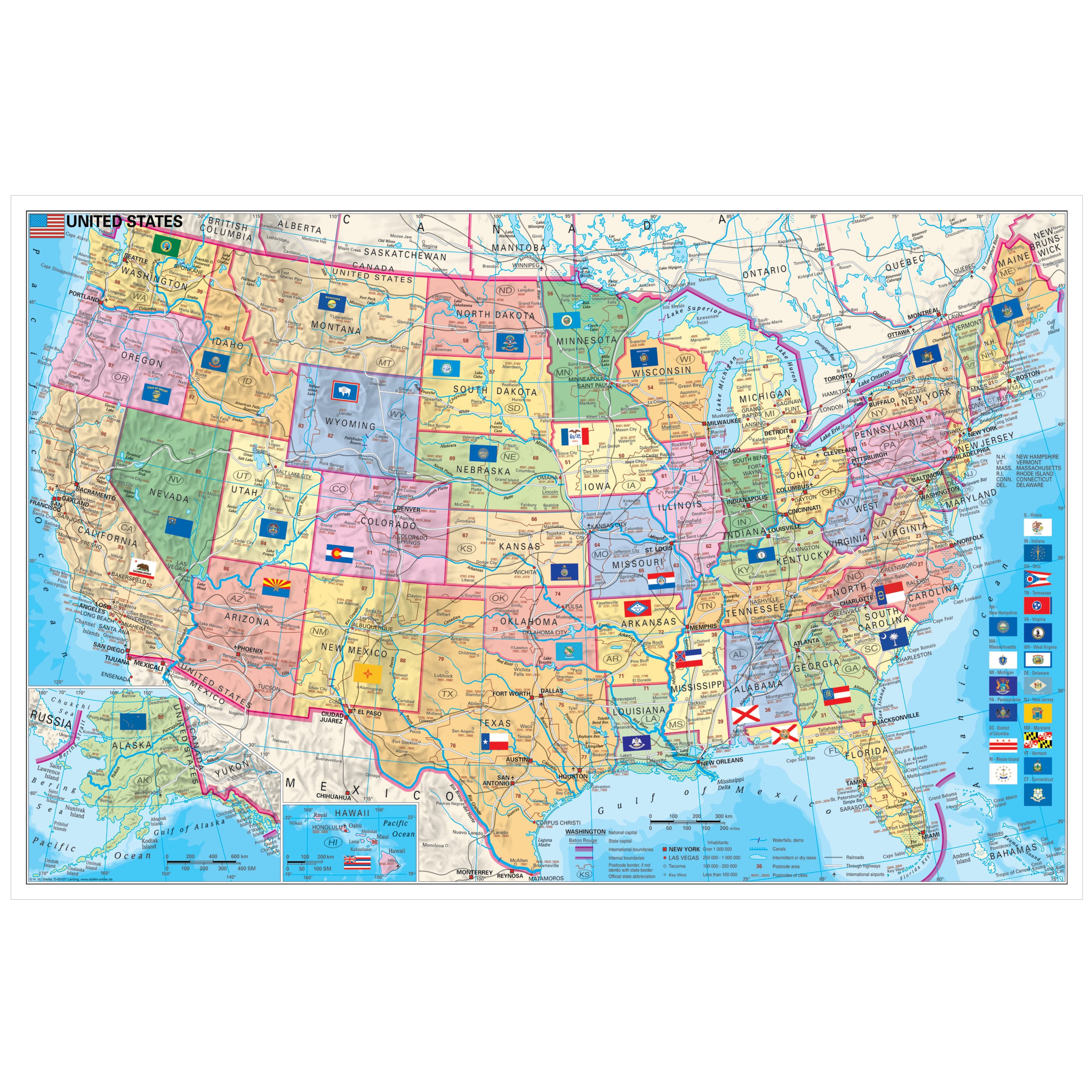 STIEFEL Poster USA Bundesstaaten mit Postleitzahlen Englisch