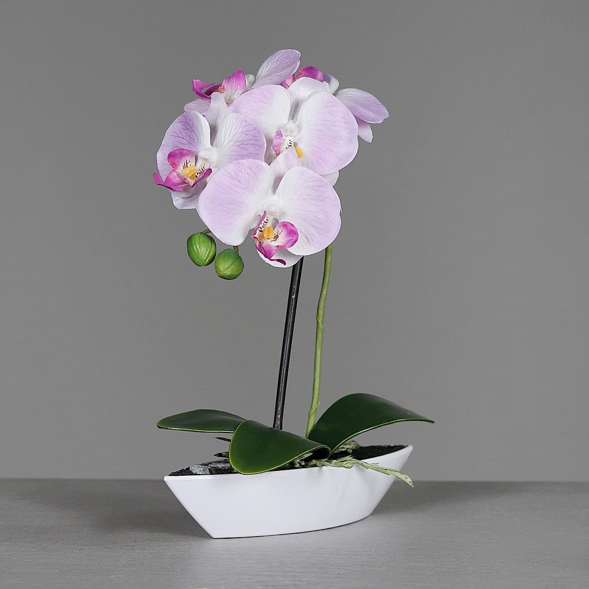 mucPlants Kunstorchidee 30cm Weiß Kunststoff-Schiffchen