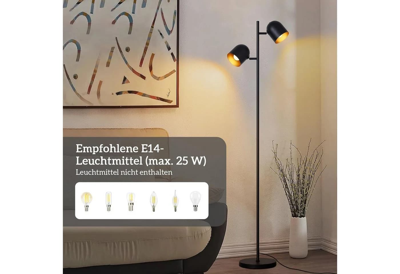 Nettlife Stehlampe Schwarz Gold Vintage Metall 2-Flammig E14