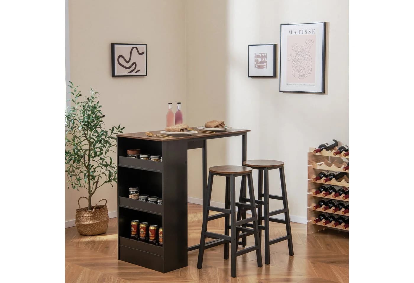 COSTWAY Bartisch Set 2 Personen Industriestil Holzmaserung Schwarz