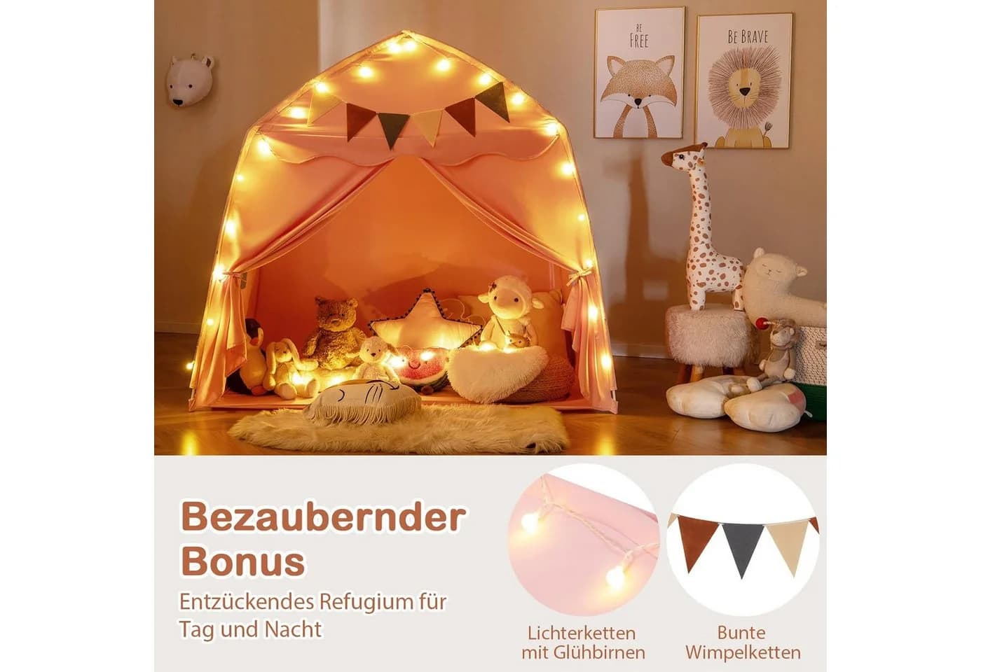 KOMFOTTEU Kinderzelt mit Lichterketten, 2 Türen & Fenstern, Rosa